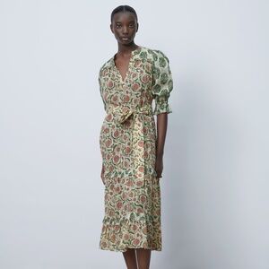 Zara Indian Block Print Cotton belted Caftan midi Dress Size M